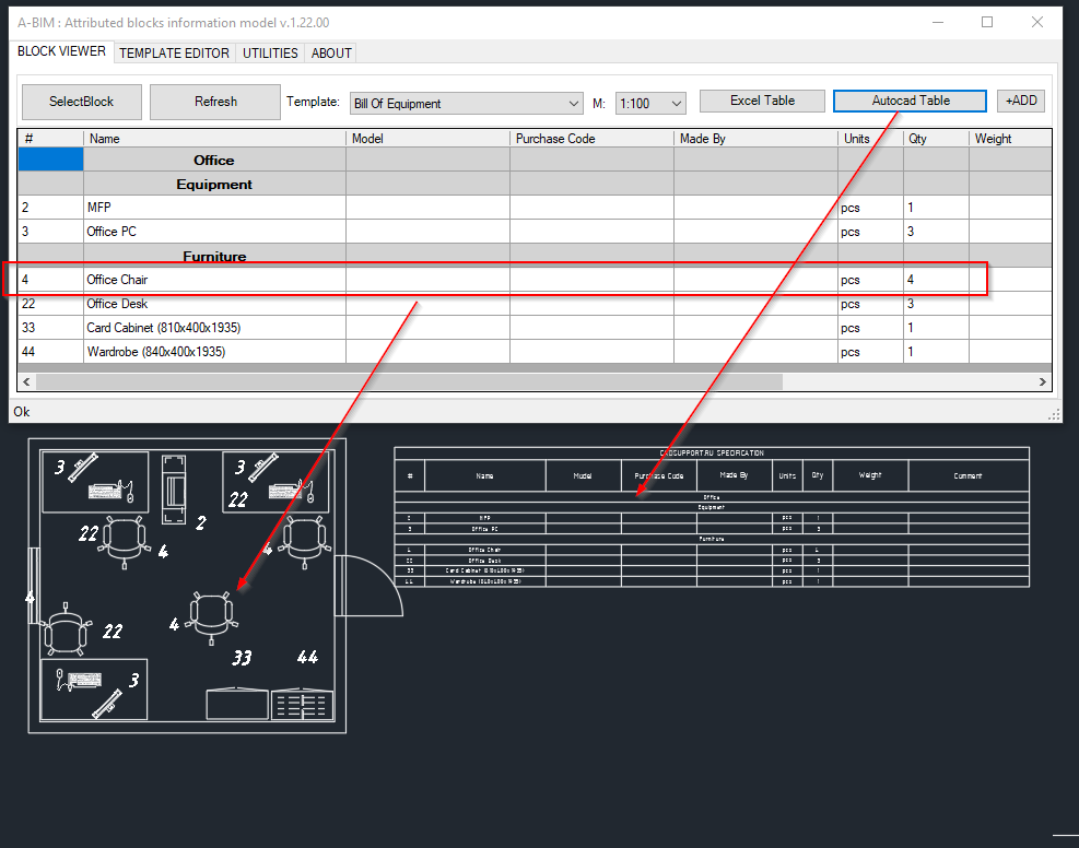 autocad abim takeoff quantity list of equipment